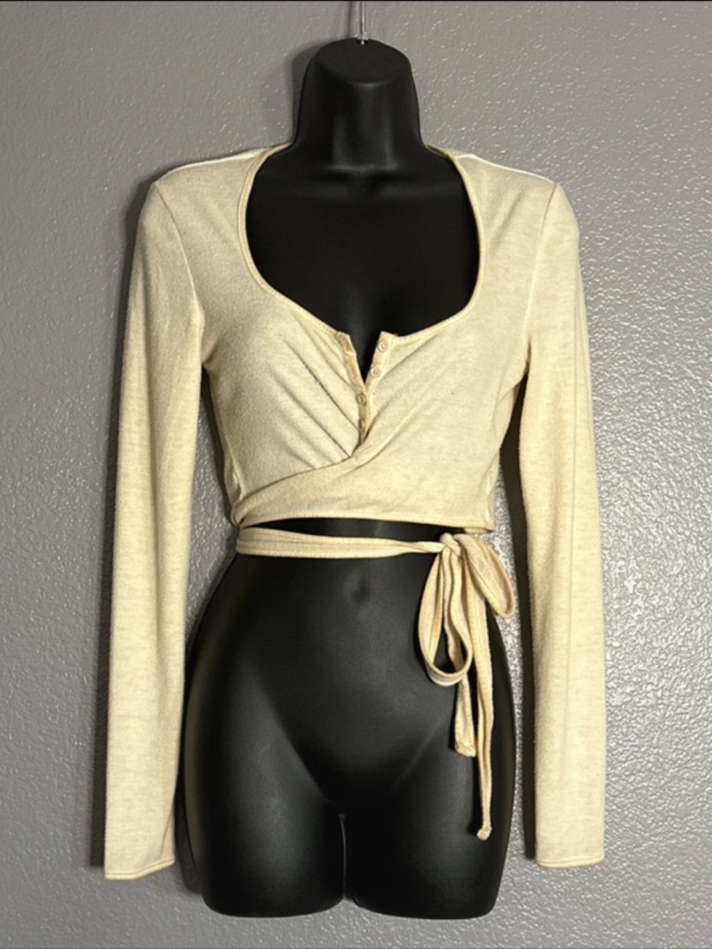 Urban Outfitters Cream Wrap-Front Long Sleeve Crop Top